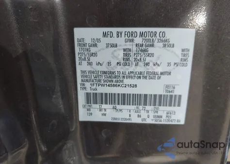 2006 Ford F-150 Fx4/Lariat/Xlt из США, поврежденный, VIN 1FTPW14586KC21528